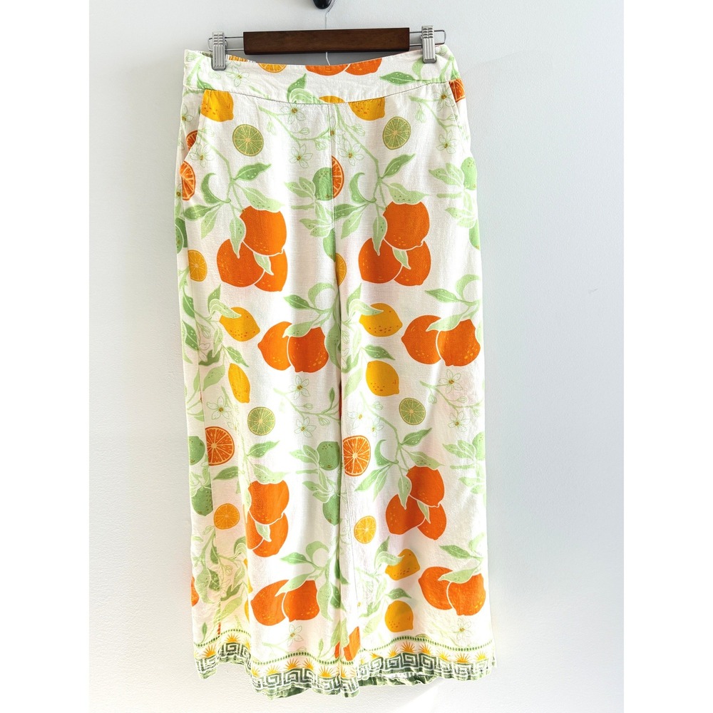 Citrus Print Linen Wide Leg Pants Orange Lemon Lime Mediterranean Summer